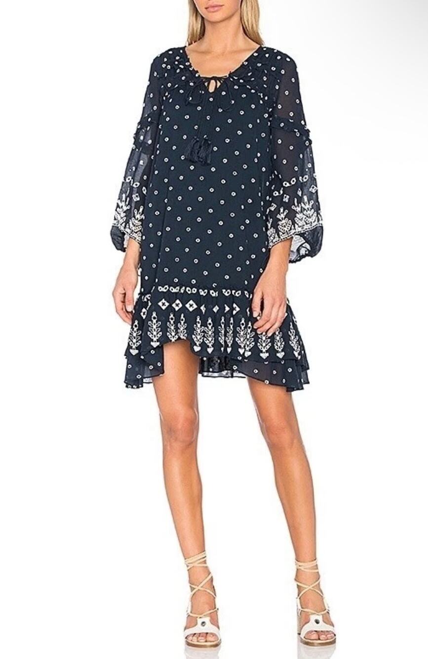 Derek Lam 10 Crosby Navy Embroidered Tassel Tie Mini Dress Size 2 Boho Cotton